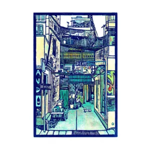 bui vien alley, woodcut artprint, vietnamese culture, harmonious colors, blending traditional and modern artistry