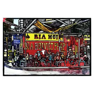 bia craft hoi hanoi, woodcut artprint, beauty of hanoi, striking colors, high-quality printing paper