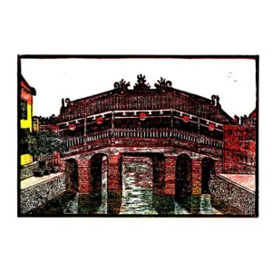 japanese bridge, hội an, woodcut artprint, vietnamese landscape, artistic masterpiece