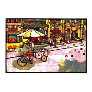 cô bán kem hội an, tranh in từ tranh khắc gỗ, tranh vẽ hội an vào năm 2019, hiệu ứng phản chiếu như gương, gam màu ấm nóng