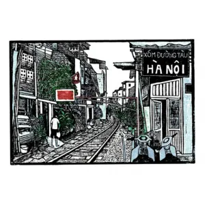 railroad alley, ha noi, woodcut artprint, hanoi landscape, vietnamese scenery, artistic gift