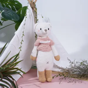 crochet stuffed standing lizzie bear, large size, woolen bear plush keychain, hand-knitted woolen bear, handmade bear plush
