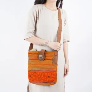 square brocade crossbody bag with large coconut button tct22, coconut wood material, rustic and youthful style, unique design