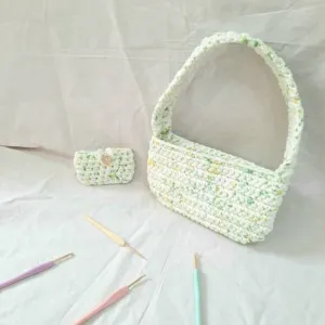 green craft shoulder bag, cute design, sturdy bag shape, handmade woven fabric material, with zipper closure, large strap