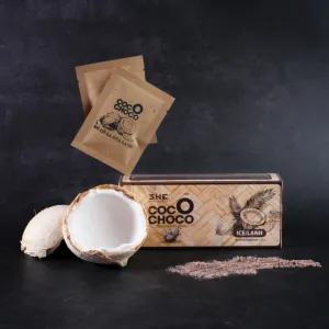coconut chocolate powder, box of packs, convenient beverage, sweet and creamy flavor, refreshing taste, suitable for hot summer days