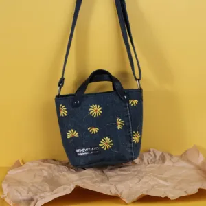 2-sided floral embroidery denim bucket bag from recycled jeans, size 21, recycled material, meticulous craftsmanship, sustainable product
