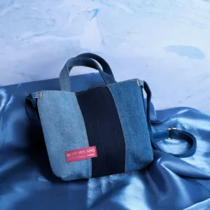 tricolor denim shoulder bag from recycled jeans, simple and elegant design, patched with 3 different shades of denim fabric