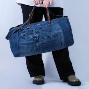 traveling denim drum bag from recycled jeans, size 50, impressive design, spacious bag shape, can hold many items, suitable for long trips