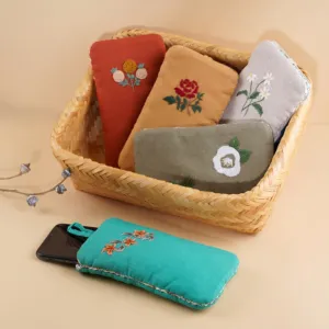 túi linen đựng điện thoại alo thêu tay, thiết kế lót bông mềm mại, phụ kiện bảo vệ điện thoại, họa tiết thêu tay tỉ mỉ