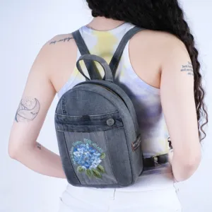 floral embroidery denim backpack from recycled jeans, size 20, modern black-gray color, compact size, highly versatile