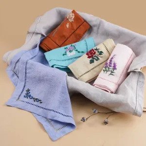 hand embroidered linen handkerchief, multi-purpose handmade handkerchief, elegant style, meticulous embroidery details, soft linen fabric