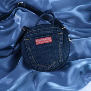 denim round bag from recycled jeans, size 18, unique and eye-catching design, compact size, modern style, perfect accent for outfits