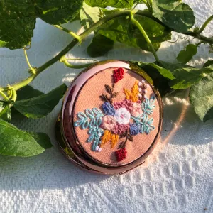 milky orange color embroidered linen hand mirror, handheld embroidered mirror, sweet and youthful milk orange tone, adorable gift