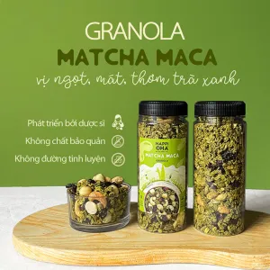 granola matcha macca happi oha, vị ngọt mát, thơm trà xanh, granola ăn kiêng, granola không đường, ngũ cốc siêu hạt