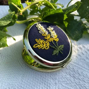 dark blue embroidered linen hand mirror, handheld mirror, compact round mirror, super convenient mini mirror, elegant style