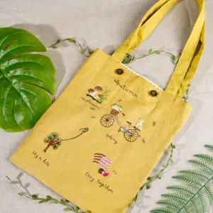 túi tote thêu tay linen “your autumn” màu vàng tươi tắn, chất liệu chắc chắn, đựng đồ an toàn, chắc chắn, thiết kế, less than three, chus