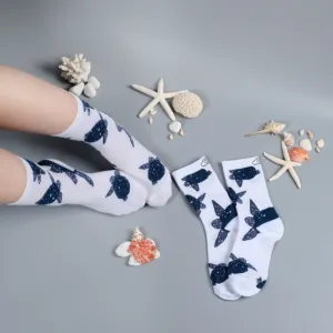leatherback sea turtle socks, animal patterned socks, white patterned socks, high socks embracing the legs, white socks, unisex socks