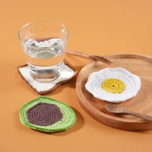 breakfast' set of 3 crochet coasters, cute design, excellent absorbency, easy to clean, handcrafted product