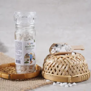 premium bamboo salt with salt grinder, sa huynh salt, natural sea salt, no chemical additives, bamboo tube salt for cooking