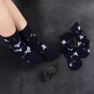 vietnamese sarus crane socks, high socks with crane pattern, socks with crane prints, white crane patterned socks