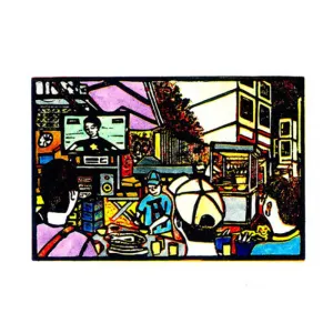 lang bbq, woodcut artprint, interplay of warm and cool colors, striking lines and shapes, premium paper material