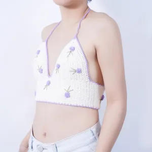 bra len móc lilac, bra móc len hoa nhí, bikini len đan tay, bra cổ yếm, áo bra đi biển, áo len móc handmade