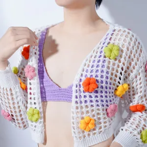 áo cardigan len lyly, áo khoác mỏng, áo nữ dệt kim, áo len móc phối hoa, áo khoác cardigan dáng ngắn, khoác len croptop