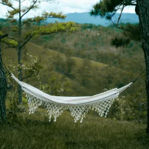 white canvas hammock, natural and soft material, strong weight capacity, safe to use, suitable for various spaces