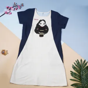 brocade dress with hana mascot embroidery, light blue and white colors, hand-embroidered image of hana girl, unique style