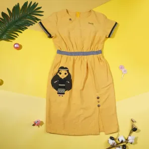 yellow dress with hana mascot embroidery, natural fiber material, bright yellow color, local style, various sizes
