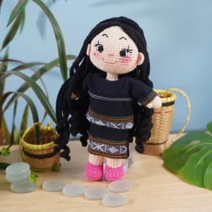 k'ho hana crochet doll with vietnamese ethnic bamboo basket, special design, handmade wool doll, suitable as a gift, distinctive style