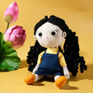 hana in blue overall fabric doll, soft fabric material, handmade product, toy for children, blue overalls pattern with yellow top