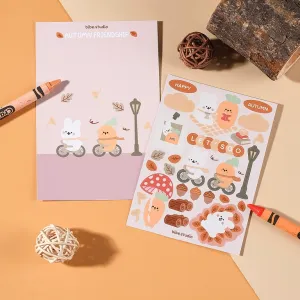autumn friendship sticker sheet, warm yellow tone, notebook decoration sticker, illustrations of cute best friends, diverse applications