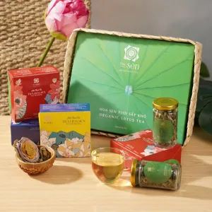 combo quà trà hoa sen bốn bông, set quà biếu trà sen, set trà sen nguyên bông, trà sen sấy khô, trà hoa sen, hộp trà quà tặng