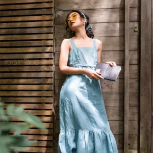 2-strap blue fishtail mio dress with sashiko stitches, gentle style, soft linen fabric material, two-strap design