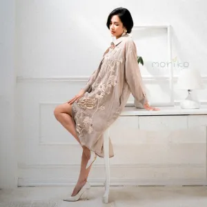 organza beige trench coat with embroidered daisies, natural organza silk material, subtle color, daisy embroidery design, elegant style