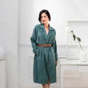 corduroy long coat in emerald color, long trench coat, thick velvet coat, long green coat, velvet trench coat