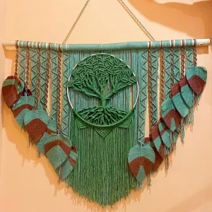 mành treo tường macrame xanh lá, màu xanh mát mắt, phong cách vintage, thiết kề cầu kì và ấn tượng, kỹ thuật thắt nút điêu luyện