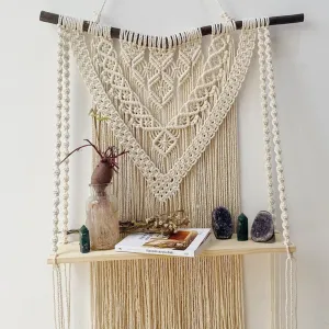 macrame wall hanging shelf, cotton rope material, adds a focal point to space, interior decoration, rustic design