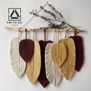 leaves shaped macrame wall hanging, size 60x60cm, classic style, harmonious blend of dark and light colors, artistic masterpiece