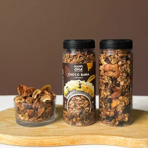 choco bana granola, bittersweet and tart cacao nib flavor, nutritious snack, complete breakfast, cacao banana flavored granola