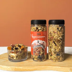 dozen goodness granola, ginger cinnamon flavor, lots of fruit, nutritious food, healthy cereal, eat clean snack