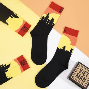 sunset skyline, crew cut socks, unique patterned socks, sunset printed socks, breathable cotton socks, gifts for friends