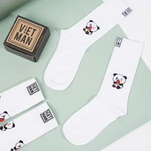 pandaberry, crew cut socks, high-cuffed white socks, thick and comfortable socks, foot-warming socks, white socks with prints
