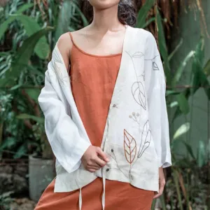 haori top for yukata with leaves embroidery, premium linen fabric, fashionable and impressive design, handcrafted patterns, durable fashion