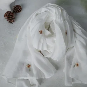 silk linen scarf with embroidered flowers, silk scarf wrap, scarf to match body-hugging dress, beach wrap, embroidered floral silk scarf