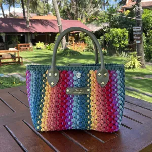 crayon baby macramé handbag, compact size, leather strap, delicate macramé technique, unique color combination
