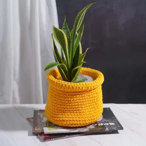 yellow crochet cotton basket, eye-catching vibrant yellow color, durable cotton fiber, storing items, decorating rooms