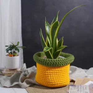yellow with green border crochet cotton basket, inward-folding rim design, impressive color, room decoration