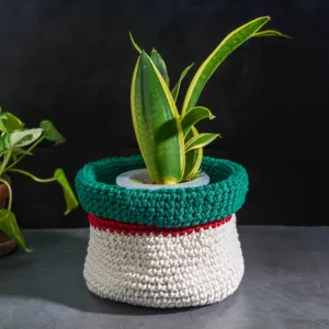 white with red and green border crochet cotton basket, meticulous hook button, characteristic colors of festival, room decor accessory